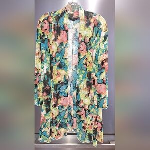 Ali Miles Sheer Open Front Cardigan Water Color Drop Shoulder Floral Art 2x-3x